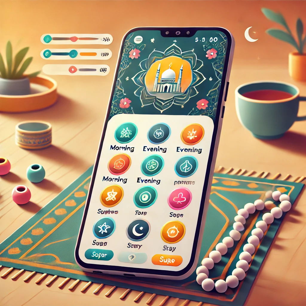 شاشة تطبيق أذكاري تعرض خيارات الأذكار