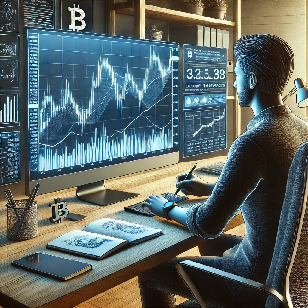 شخص يتابع الرسوم البيانية لسوق العملات الرقمية على حاسوبه