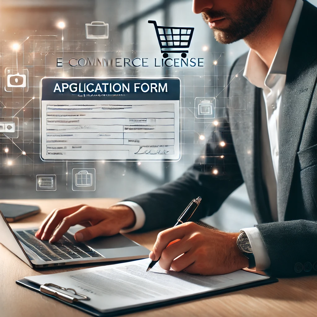 شخص يقوم بتعبئة نموذج طلب للحصول على سجل تجاري لمتجر إلكتروني
