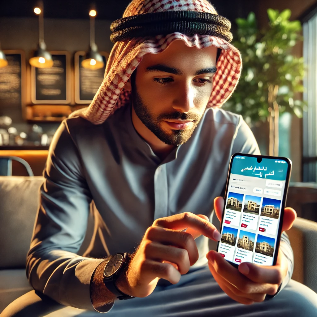 صورة توضح شخص يستخدم تطبيق عقارات على هاتفه الذكي