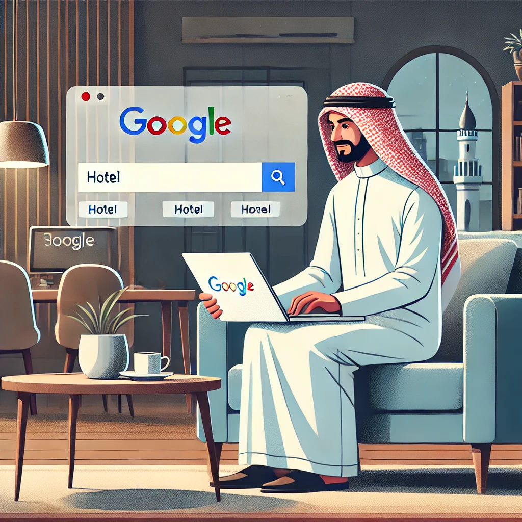 صورة توضح شخص يقوم بحجز فندق عبر قوقل