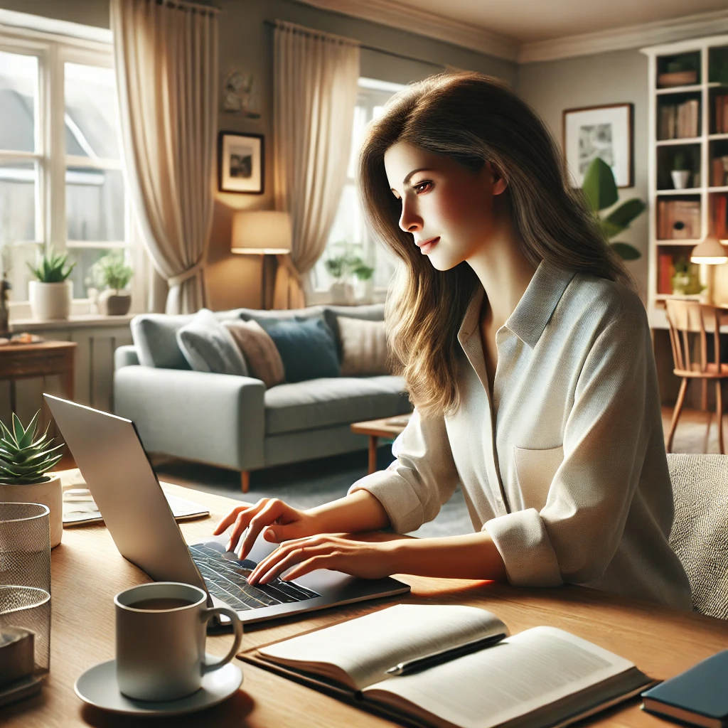 مرأة تعمل من المنزل عبر جهاز حاسوب محمول