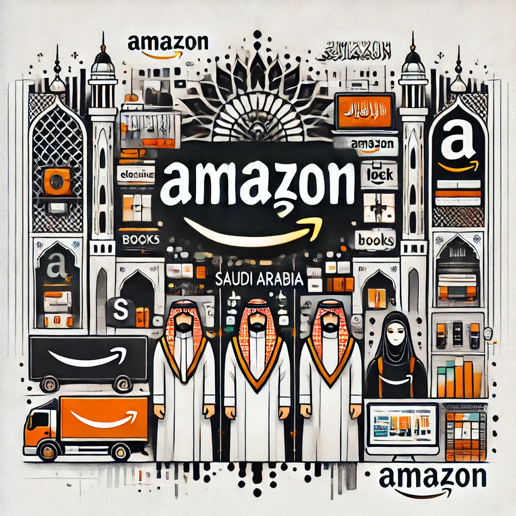 شعار تطبيق أمازون السعودية مع صور متعددة للمنتجات